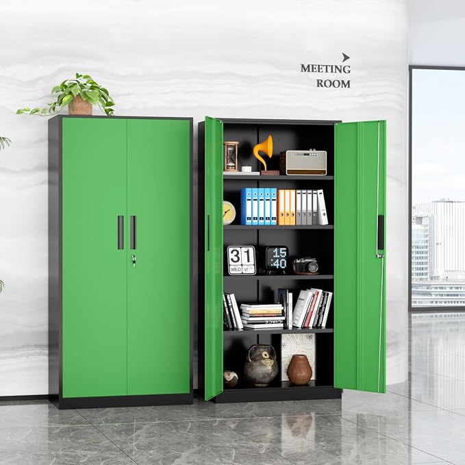 INTERGREAT Metal Storage Cabinet, 72" Locking Steel Cabinets with 2 Door and 4 Adjustable Shelves, Tall Metal Cabinet for Home Office, Garage, Warehouse,(Black+Green)