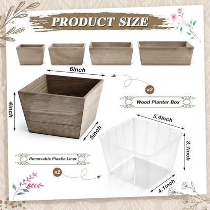 Dandat 2 Set Wooden Centerpiece Box for Wedding Table Decor 6 Inch Rustic Wood Planter Box with Removable Plastic Liner Flower Boxes for Party Wedding Baby Shower Home Garden Decor(Brown)