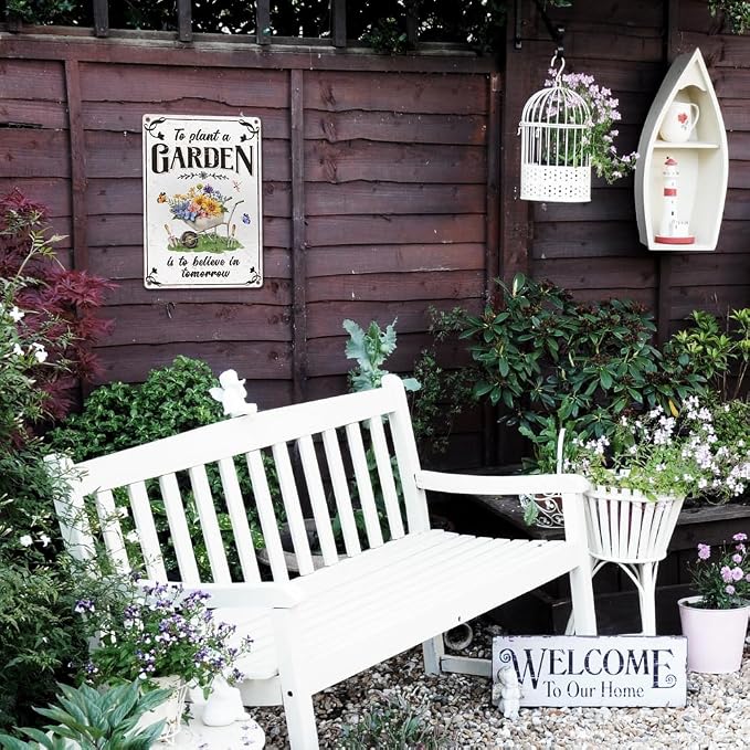 Vintage Tin Sign - 'Plant A Garden' for Home, Greenhouse - 12"x8"