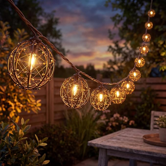 8.5Ft Outdoor Decorative Patio Lights, 10L Beaded Copper Wire Ball Style Lantern Lights, Connectable Weather-Resistant Indoor Outdoor Boho String Lights for Home Pergola Campings Porch Party Backyard
