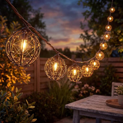 8.5Ft Outdoor Decorative Patio Lights, 10L Beaded Copper Wire Ball Style Lantern Lights, Connectable Weather-Resistant Indoor Outdoor Boho String Lights for Home Pergola Campings Porch Party Backyard