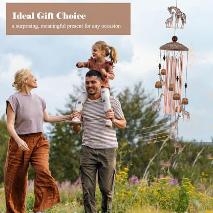 35" Giraffe Wind Chimes for Outside, Rustic Copper Mother & Baby Giraffe Silhouette Decor with 6 Pendants - Elegant Memorial Windchime - Heartwarming Gift for Mom & Animal Lovers