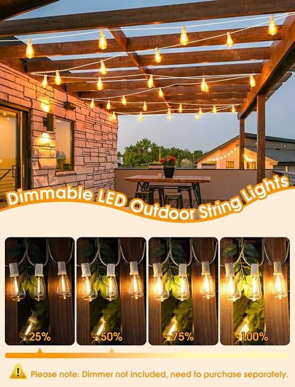 Larkvue 25FT Outdoor String Lights, Patio Lights with 10+1 2700K LED Dimmable Waterproof Outside Hanging ST38 Edison Bulbs for Backyard, White Cord