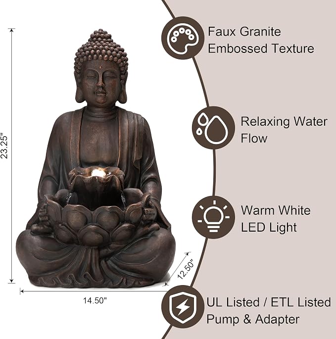 Glitzhome Buddha Fountain with Pump & LED Light, 2 Tier Zen Style Meditating Buddha Water Fountain Outdoor Fountains and Waterfalls Floor Fountains Buddhas Statues for Garden Patio Backyard 23.25" H