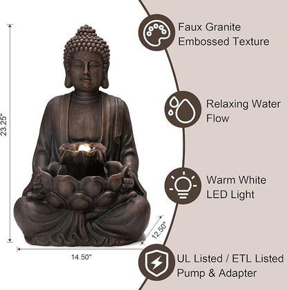 Glitzhome Buddha Fountain with Pump & LED Light, 2 Tier Zen Style Meditating Buddha Water Fountain Outdoor Fountains and Waterfalls Floor Fountains Buddhas Statues for Garden Patio Backyard 23.25" H