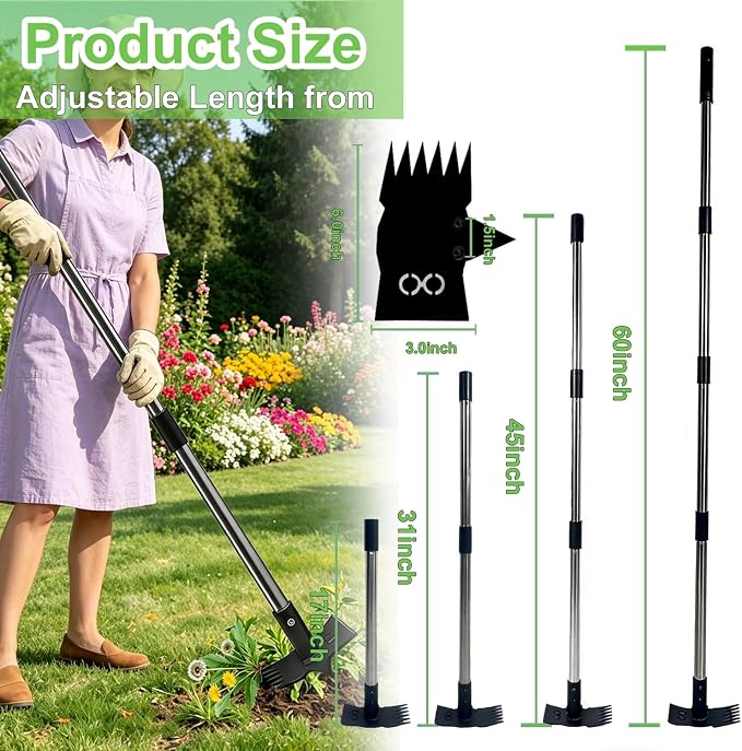 Weed Puller Tool 3 in 1 Garden Hoe & Rake, Heavy Duty Weeding Tool with Stainless Steel Long Handle, Weeder Remover Tool for Garden Yard Lawn Patio Farm, Digging, Edging