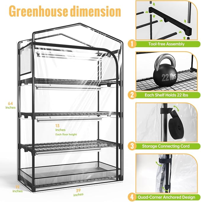 Indoor Greenhouse with Grow Light, 4-Tier Plant Shelf with T5 1.6FT 32W Full Spectrum LED Grow Light for Seed Starting, Succulent, Settable Timer Socket, 39" L x 19" W x 64" H