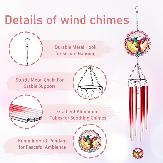 Hummingbird Wind Chimes for Outside with Wind Spinner, Summer Garden Patio Yard Porch Decor, Colorful Hummingbird Wind Chime with Gift Box, Birthday Housewarming Gifts for Women Mom