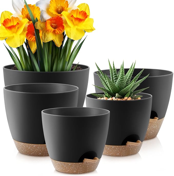 YNNICO Plant Pots 10/9/8/7.5/7 inch, Self Watering Planters with Drainage Holes & Saucers for Indoor and Outdoor Plants (Black)