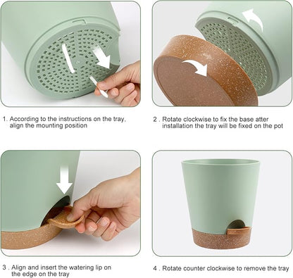 YNNICO Indoor Self Watering Planters with Drainage Holes and Saucers, 8, 7, 6.5, 6, 5.5, 5 Inches, Green, 6 Pots.