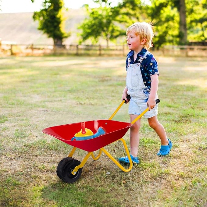 Nightcore Kids Metal Wheelbarrow, Metal Construction Toys Kart, Yard Rover Steel Tray, Tote Dirt, Tools, Leaves in Garden for Toddlers (Red)