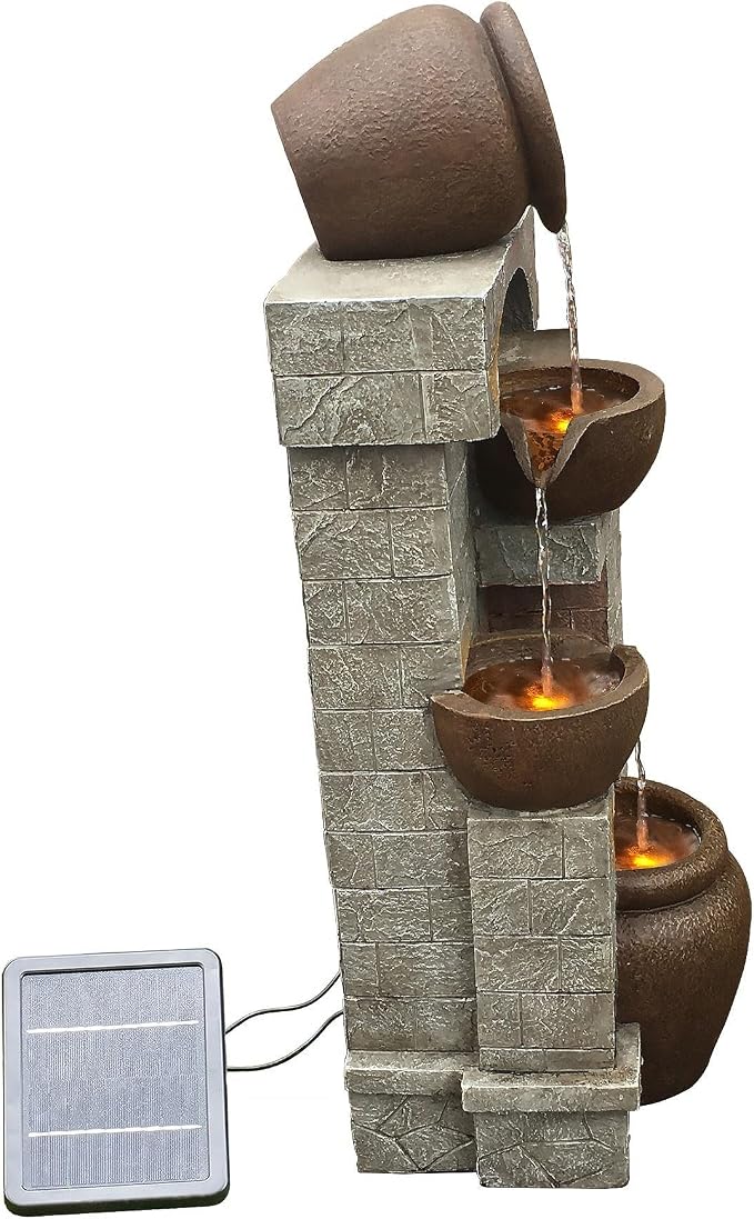 Teamson Home 28 in. Cascading Bowls and Stacked Stones LED Outdoor Water Fountain for Outdoor Living Spaces to Create a Calming Oasis in Gardens and Landscaping, on Patios, Balconies, Lawns, Brown | Outdoor Water Fountain, For Gardens and Landscaping, ...