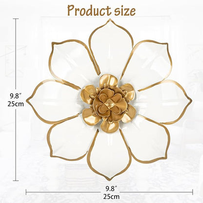 Metal Flowers Wall Decor White and Gold Wall Art Decorations Hanging Rustic Modern Floral Sculpture Single Wall Accent Artwork Indoor Outdoor for Bedroom Living Room Garden Patio Porch 10 Inch