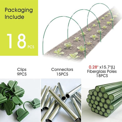 RIFNY 18 PCS Garden Hoops for Raised Beds, Greenhouse Hoops Kit Long Grow Tunnel for Row Cover, Rust-Free Fiberglass Garden Support Poles for Insect Mesh Netting Freeze Plant Cover (Green)