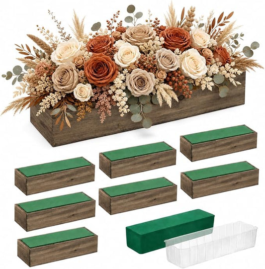 Dandat 8 Set Wood Boxes for Centerpieces 12x4 Inch Rectangle Wooden Planter Box Rustic Wooden Planters with Removable Plastic Liner Floral Foam Blocks for Christmas Wedding Home Garden Decor(Brown)