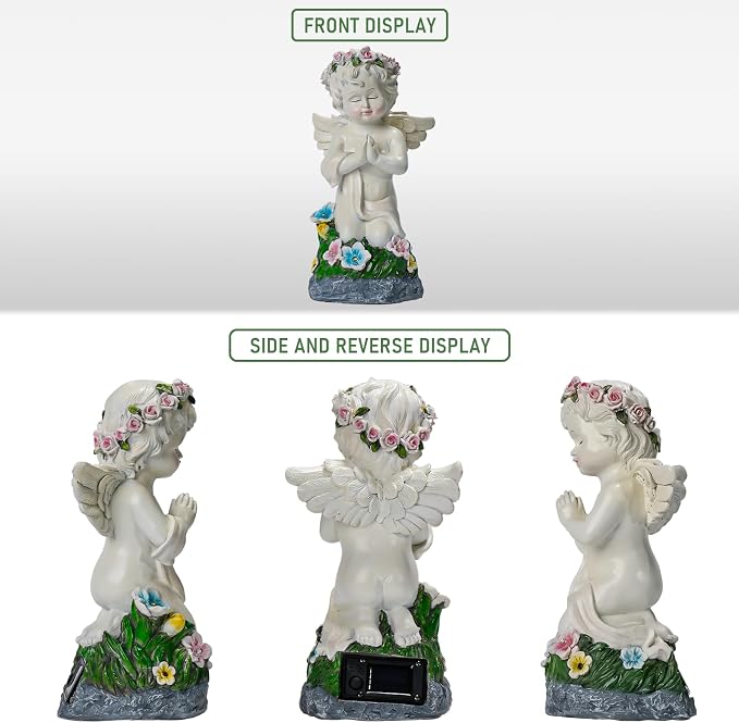 Solar Powered Angel Statue for Garden, Outdoor Spiritual Decorations for Patio Lawn Cemetery, Illuminated Seraphim Figurine with Warm Light, Gift for Women Religious Faith Ornament, Rustproof Resin