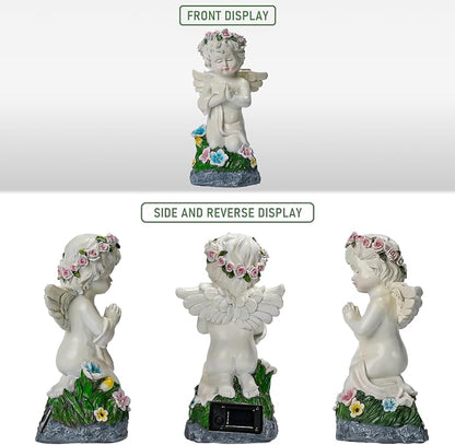Solar Powered Angel Statue for Garden, Outdoor Spiritual Decorations for Patio Lawn Cemetery, Illuminated Seraphim Figurine with Warm Light, Gift for Women Religious Faith Ornament, Rustproof Resin