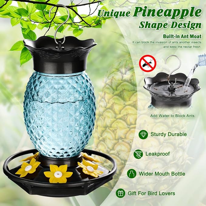 Fchstaer Glass Hummingbird Feeders for Outdoors Hanging 16oz 2 Pack Blue Pineapple Bee & Ant Proof 360°Perch Leakproof Easy Clean with 6 Feeding Ports Gifts for Mom