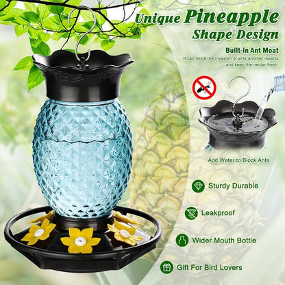 Fchstaer Glass Hummingbird Feeders for Outdoors Hanging 16oz 2 Pack Blue Pineapple Bee & Ant Proof 360°Perch Leakproof Easy Clean with 6 Feeding Ports Gifts for Mom