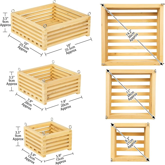 Wooden Orchid Baskets with Hangers for Ferns & Vandas, 6", 8" & 10" Square Wood Hanging Planter Set for Patio, Balcony Decor, Garden Flower Pots for Indoor Outdoor Plants, 3 Pack