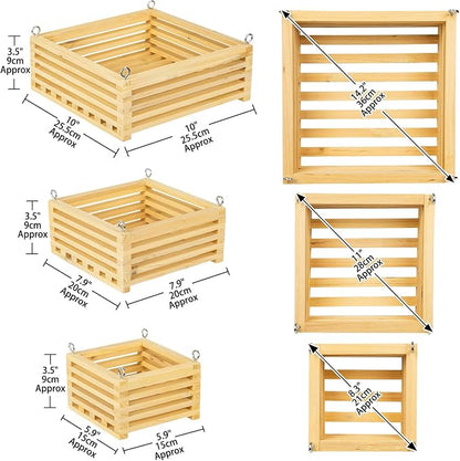 Wooden Orchid Baskets with Hangers for Ferns & Vandas, 6", 8" & 10" Square Wood Hanging Planter Set for Patio, Balcony Decor, Garden Flower Pots for Indoor Outdoor Plants, 3 Pack