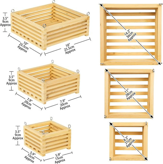 Wooden Orchid Baskets with Hangers for Ferns & Vandas, 6", 8" & 10" Square Wood Hanging Planter Set for Patio, Balcony Decor, Garden Flower Pots for Indoor Outdoor Plants, 3 Pack