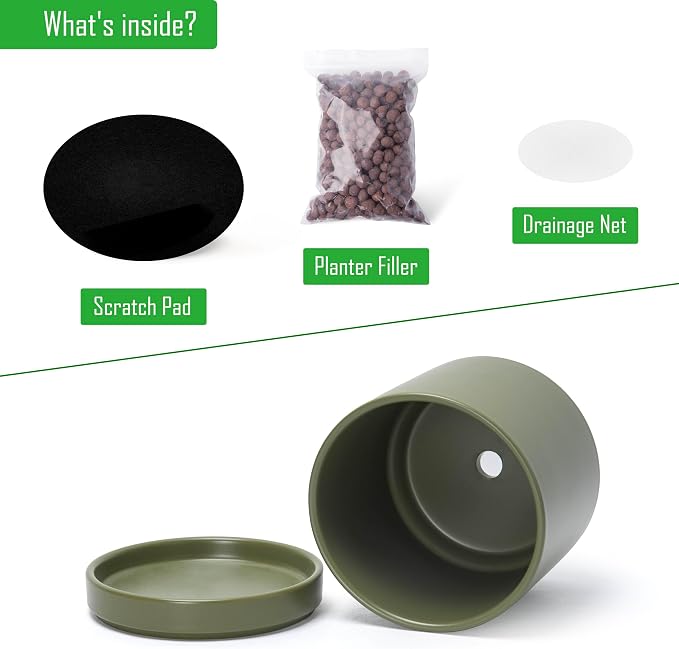 D'vine Dev 6.5 Inch Ceramic Planter Pot, Olive, 94-O-C-J | Modern Cylinder Design, Drainage Hole & Saucer Included, Stable Structure, Elegant Home Accent