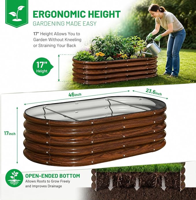 SnugNiture 4x2x1.5ft Raised Garden Bed Outdoor, 17" Tall Galvanized Metal Planter Box, Oval Raised Garden Bed Kit for Planting Vegetables Plants Fruits, Brown