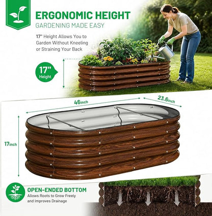SnugNiture 4x2x1.5ft Raised Garden Bed Outdoor, 17" Tall Galvanized Metal Planter Box, Oval Raised Garden Bed Kit for Planting Vegetables Plants Fruits, Brown