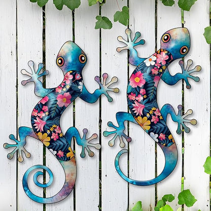 Metal Gecko Outdoor Decor -2 Pack 11.8 inch Metal Lizard Wall Hanging Sculpture Decoration for Indoor or Outdoor, Garden Yard Fence Porch Wall Decor, Gift for Mom Dad Friends (Blue)