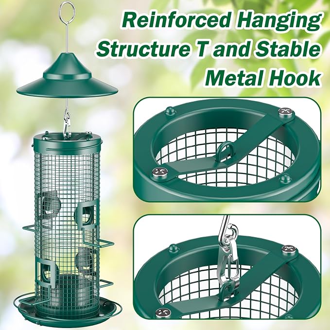 Metal Bird Feeder for Outdoors Hanging, Chew Resistant Design | 2lb large capacity, 4-port mesh tube, easy-refill 4.5" wide opening, all-weather rust-resistant feeder for cardinals, finches