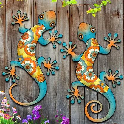 Metal Gecko Wall Decor - 2 Pack 11.8‘’ Gecko Wall Hanging Sculpture for Indoor and Outdoor, Garden Yard Fence Porch Home Tree Decorations