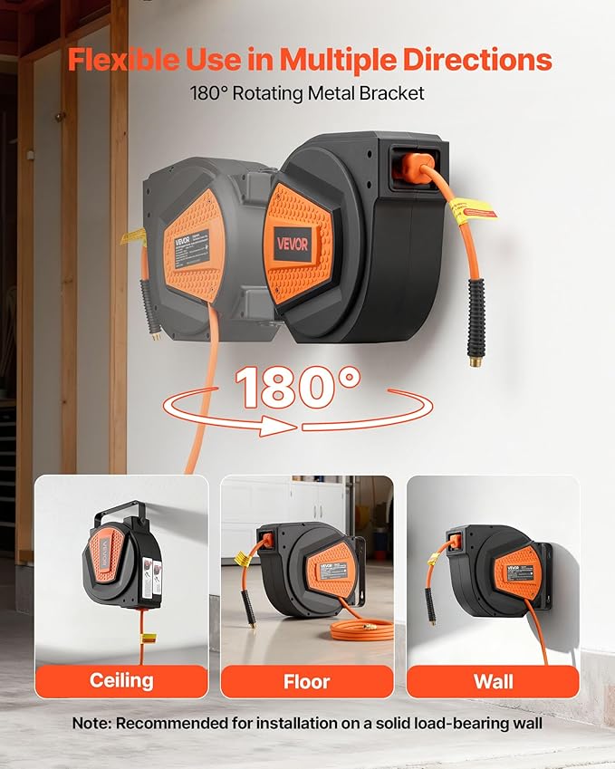VEVOR Retractable Air Hose Reel, 1/4 Inch x 50 FT Hybrid Air Hose Max 300PSI, Enclosed Air-Compressor Hoses Reel Auto Rewind with 6.6 ft Lead in & Blow Gun, 180° Swivel Ceiling/Wall Mount
