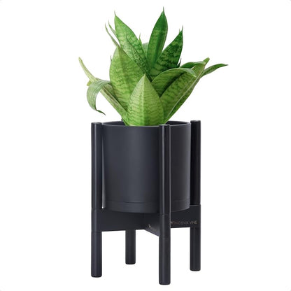 D'vine Dev Plastic Pot with Ebony Wood Stand, Black, 8 in, 55-C-K-2 | Mid-Century Inspired Design, Elevated Plant Display, Clean Lines, Sturdy Support, Modern Space-Saving Style