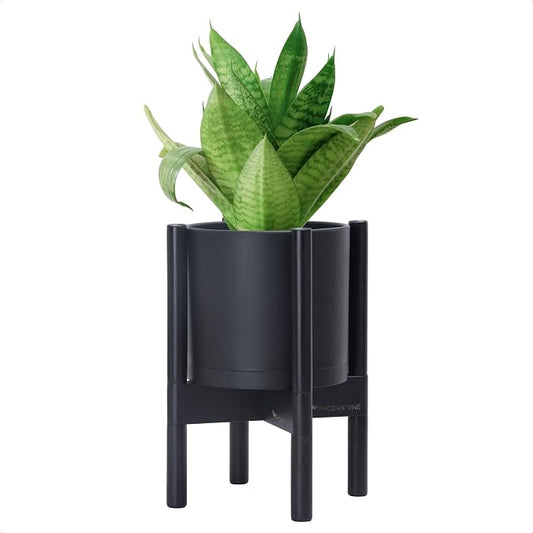 D'vine Dev Plastic Pot with Ebony Wood Stand, Black, 8 in, 55-C-K-2 | Mid-Century Inspired Design, Elevated Plant Display, Clean Lines, Sturdy Support, Modern Space-Saving Style