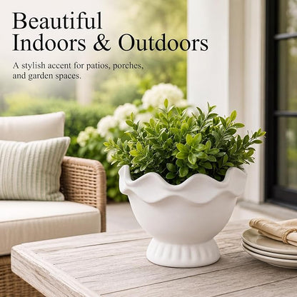 1 Pack White Ceramic Plant Pots Small Rustic Decorative Planter Home Decor Scalloped Modern Flower Planter for Farmhouse Outdoor Garden Indoor Home Decor (6.3in, Novel)