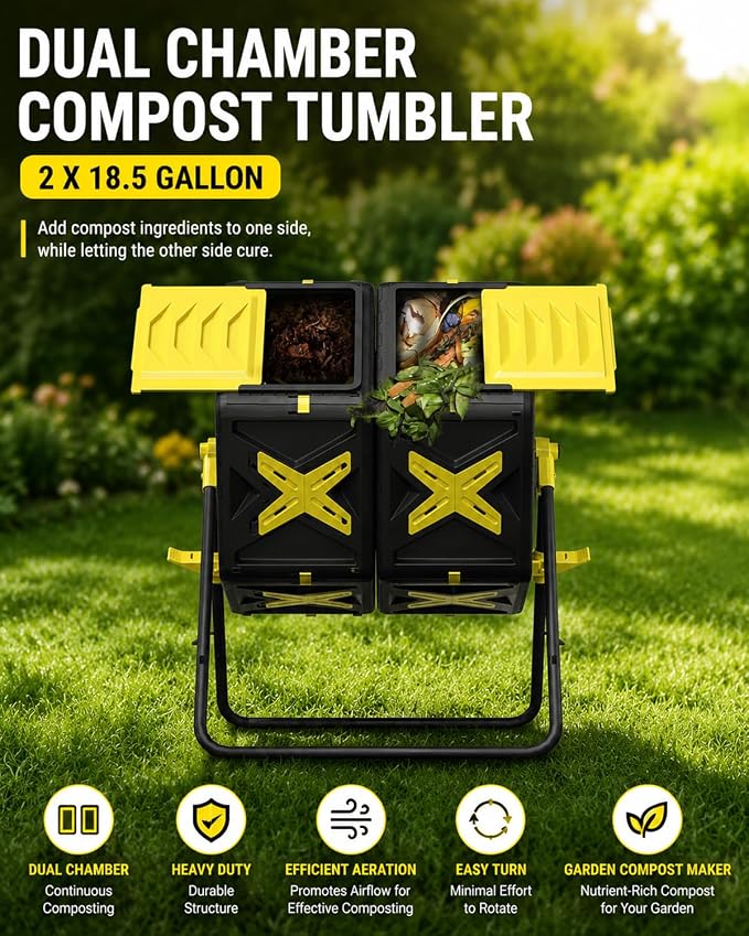 Compost Bin Outdoor - 2 X 18.5 Gal Dual Chamber Compost Tumbler, Outdoor Rotating Composter with Easy-Turn, Fast-Working System
