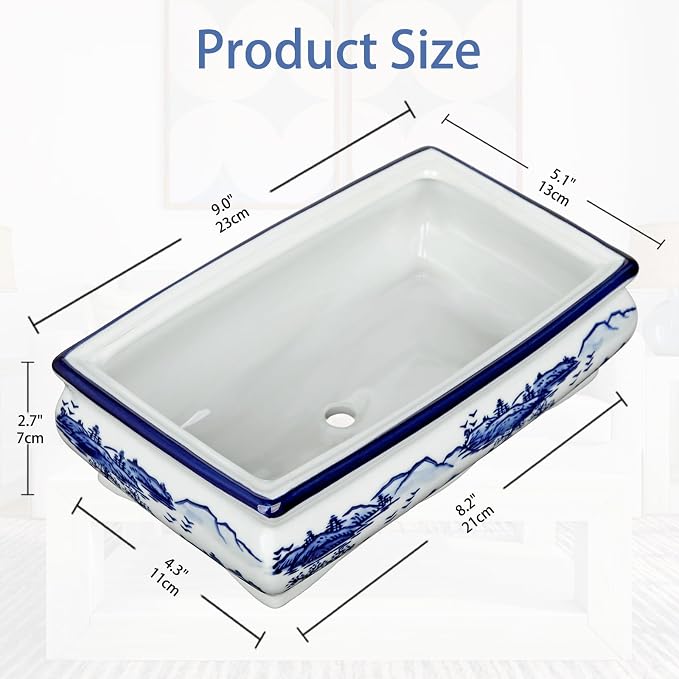 Blue and White Ceramic Bonsai Pot Large Shallow Bonsai Trees Pot Planter for Outdoor Use, 9" Ceramic Plant Pots with Drainage Hole for Cacti, Orchids, Succulents, Bonzie Tree Pots for Patio, Garden