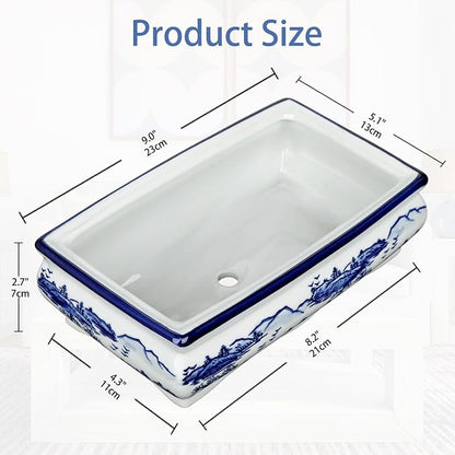Blue and White Ceramic Bonsai Pot Large Shallow Bonsai Trees Pot Planter for Outdoor Use, 9" Ceramic Plant Pots with Drainage Hole for Cacti, Orchids, Succulents, Bonzie Tree Pots for Patio, Garden