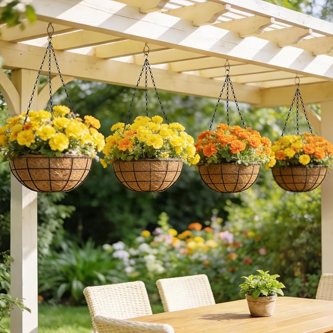 16 inch Hanging Baskets for Plants Outdoor, 4 Pack Large Hanging Planters for Outdoor Plants, Round Wire Hanging Flower Pots with Coconut Coir Liners for Garden, Deck, Porch, Balcony