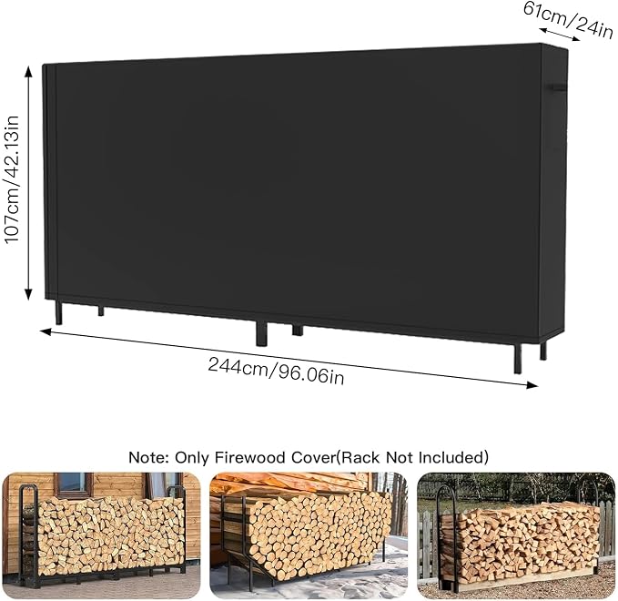 8Ft Firewood Rack Cover with Zipper & Adhesive Closing Strips, Heavy Duty Black 600D Polyester Oxford, Waterproof, Windproof, and Sun-Protective, Rack Not Included