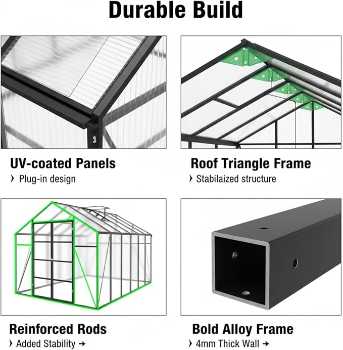 10x12 FT Greenhouse, Walk-in Heavy Duty Polycarbonate Outdoor Greenhouses with Raised Base & Anchor, Height-Enhanced Aluminum Frame & Drainage System for Backyard All Season Growing, Black