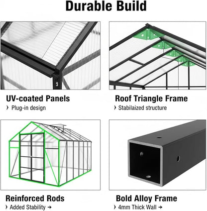 10x12 FT Greenhouse, Walk-in Heavy Duty Polycarbonate Outdoor Greenhouses with Raised Base & Anchor, Height-Enhanced Aluminum Frame & Drainage System for Backyard All Season Growing, Black