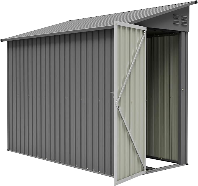 YOPTO 4×8 FT Lean to Metal Shed,Outdoor Heavy-Duty Storage Shed with Floor Base,All Weather Waterproof Garden Tool House W/Lockable Door&2 Air Vents,Reversible Door Design,for Backyard,Patio,Lawn,Gray