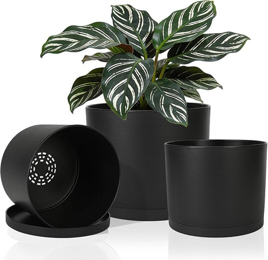 GARDIFE 10/9/8 Inch Modern Cylinder Planter, Plant Pots for Indoor Outdoor Plants, Flower Pots with Drainage Holes and Saucers for Garden Succulent Nursery House Plants (Black)