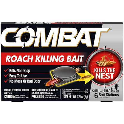 Combat Roach Killing Bait Stations for Small and Large Roaches, 6 Count (Pack of 1) Child-Resistant, Hydramethylnon Cockroach Killer & Nest Destroyer, No Vapor, Fumes or Odor, Mess-Free