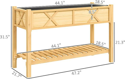 Outsunny Raised Garden Bed, Elevated Wood Planter Box with Storage Shelf, Drainage Holes, and Liner for Backyard, Patio, Balcony, 47 x 22 x 31.5 in, Natural