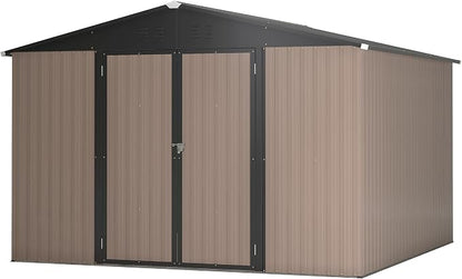 YOPTO 10 x 10 FT Outdoor Storage Shed,Heavy Duty Tool Sheds Metal Storage Garden Shed with Sloped Roof and Lockable Doors,Large Metal Storage Sheds for Backyard Patio Lawn, Brow
