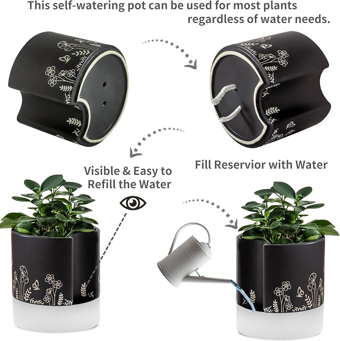 Nihow Self Watering Pots for Indoor Plants,8 Inch,Black Hand Painting | Ceramic Planter, Drainage Hole & Water Storage Plus, Cylinder Round Flower Pot, For Succulent/Herbs/Violets
