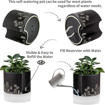 Nihow Self Watering Pots for Indoor Plants,8 Inch,Black Hand Painting | Ceramic Planter, Drainage Hole & Water Storage Plus, Cylinder Round Flower Pot, For Succulent/Herbs/Violets